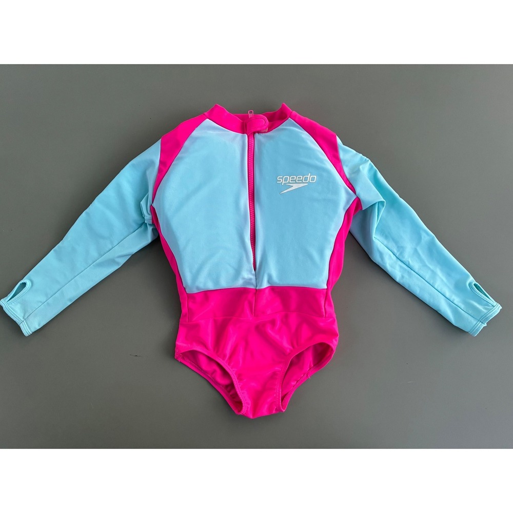 Speedo Kids Float Suit Pink Blue Long Sleeve Swimsuit Size L/XL Age 4-5 Years